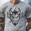 An abstract design featuring a demon-like figure with horns and flames.