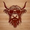 Highland Cow in Sunglasses on a Green Hillside A Highland cow standing on a green hillside, wearing trendy sunglasses and looking relaxed.
