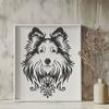 Adorable Shetland Dog Breed Illustration Close-up vector illustration of a Shetland sheepdog's head with ornate details, suitable for digital design.