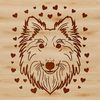 A portrait illustration of a Shetland sheepdog with heart accents.