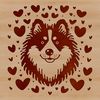 Illustrative vector art of a Shetland sheepdog's head with hearts surrounding its features.