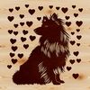 Illustration of a sitting Shetland sheepdog with love hearts surrounding it.