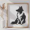 A vector illustration of a sitting Shetland sheepdog breed dog in a digital format.