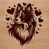 Close-up illustration of a Shetland sheepdog's head with heart motifs, suitable for vector graphics.