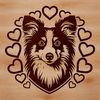 Lovely Shetland Sheepdog Portrait with Hearts A high-resolution vector image of a Shetland Sheepdog's head featuring hearts.