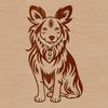 A portrait illustration of a sitting Shetland sheepdog with ornate details.