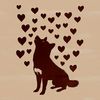 A digital illustration of a seated Shiba Inu dog with heart motifs surrounding it.