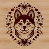 A detailed illustration of a Shiba Inu's head with stylized love hearts surrounding its features.