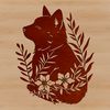 A stylized illustration of a Shiba Inu breed dog surrounded by floral elements.