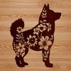 Adorable Shiba Inu Illustration with Floral Pattern A standing Shiba Inu dog with a floral patterned background.