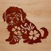 A sitting Shih Tzu dog with floral patterns in its surroundings.