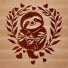 A colorful illustration of a sloth surrounded by love hearts.