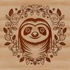 A detailed illustration of a sloth's head featuring floral elements.