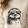 A sloth wearing sunglasses in a playful pose.