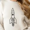 Futuristic Rocket Ship Design Vector graphic representation of a space-bound rocket ship with bold curves and geometric shapes.