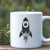 Rocket Ship in Orbit Graphic Design Vector illustration of a futuristic rocket in space, suitable for cutting machines or laser engraving.