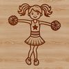 A young girl wearing a cheerleading outfit, posing with pom-poms.