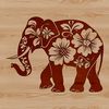 Stylized Elephant Illustration with Floral Accents A stylized illustration of a standing elephant amidst floral patterns and shapes.