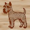 A detailed illustration of a standing miniature dog with an ornate appearance.
