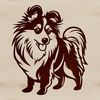 A portrait of a standing Shetland sheepdog breed with its distinctive features.