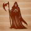 A silhouette of the grim reaper standing in front of a full moon with autumnal trees.