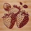A detailed illustration of a ripe strawberry with seeds and leaves.
