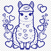 A stylized vector illustration of a friendly alpaca with love hearts surrounding its face.