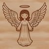 A stylized illustration of a female angel in flight.