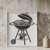 A detailed illustration of a barbecue grill with utensils and food.