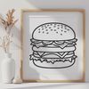 A detailed illustration of a hamburger with cheese and toppings on a plate.