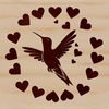 A colorful illustration of a hummingbird in mid-flight, surrounded by tiny love hearts.