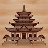 A stylized illustration of a traditional Buddhist temple architecture with intricate details.