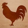 A simple line art silhouette of a chicken standing on a farm landscape.