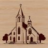 A simple church building design with architectural details.