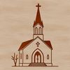 An illustrated design of a traditional church building with a pointed roof and stained glass windows.