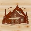 A simple outline illustration of a cozy cabin with a wooden roof and chimney.