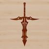 A close-up view of a metallic sword with intricate details and textures.