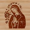A stylized illustration of the Virgin Mary with ornate floral details in a traditional religious setting.