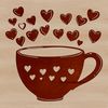 A simple illustration of a coffee cup with heart shapes on it.