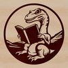 Dino in the Library A prehistoric dinosaur character sitting in a library setting, reading a book from a stack of books.