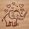 An illustration of a standing elephant with heart symbols surrounding its body.