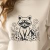 Cute Raccoon Clip Art SVG A cartoon-style illustration of a raccoon amidst a floral background.