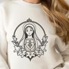 A stylized floral design featuring an illustration of an Immaculate Heart with intricate details.