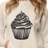 A stylized illustration of a single serving cupcake with decorative frosting and sprinkles.