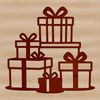 An open gift box containing a brightly colored wrapped present with a festive holly pattern on the background.