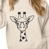 Cute Cartoon Giraffe with Glasses on a Green Background A cartoon giraffe wearing glasses standing on a grassy plain.