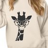 A tall, spotted giraffe standing in a savannah landscape with glasses perched on its head.