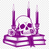 Ethereal Gothic Skull Ornament A stylized skull with ornate details surrounded by a book and a rose.