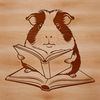 A cute guinea pig sitting on a book with an open page, suggesting it's enjoying reading.