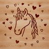 A simple line art illustration of a horse with love hearts surrounding its body.